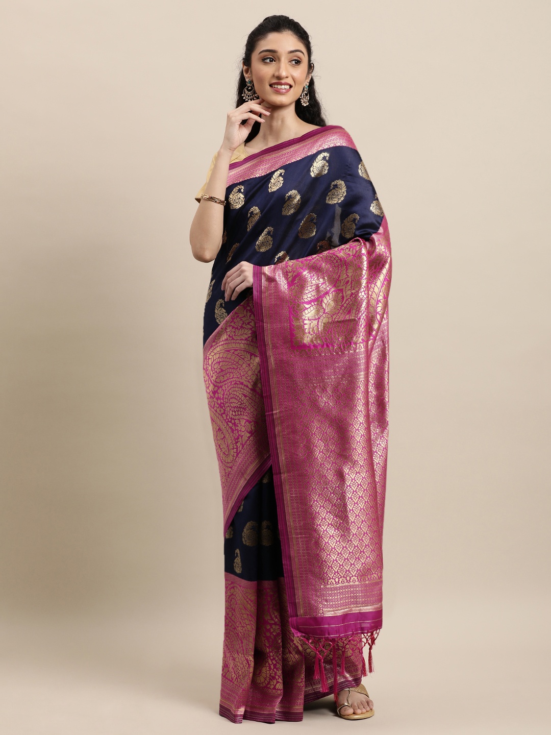 

Mitera Navy Blue & Pink Woven Design Zari Silk Blend Banarasi Saree