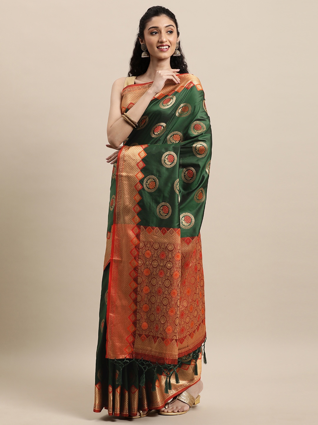 

Mitera Green & Orange Woven Design Zari Silk Blend Banarasi Saree