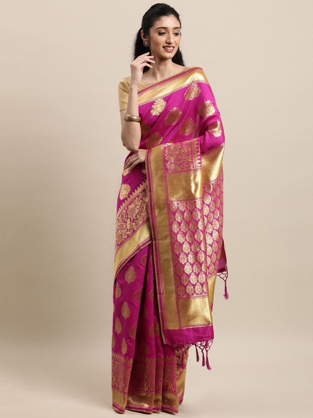 

Mitera Pink & Gold-Toned Woven Design Zari Silk Blend Banarasi Saree