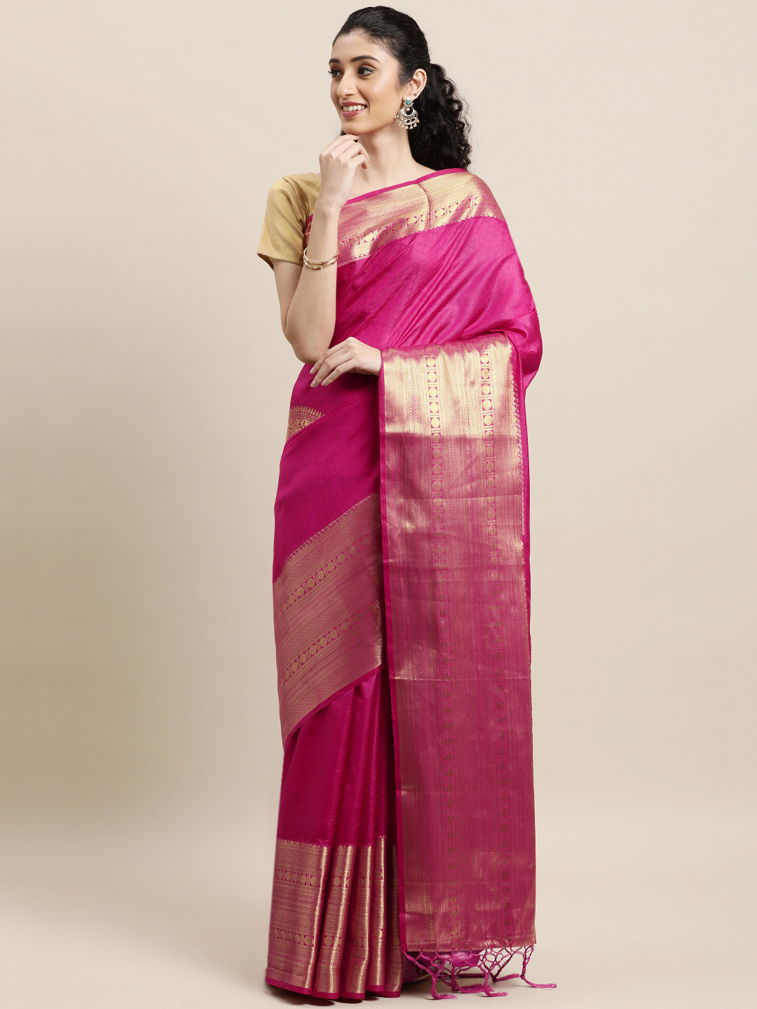 

Mitera Pink & Gold-Toned Woven Design Zari Silk Blend Banarasi Saree