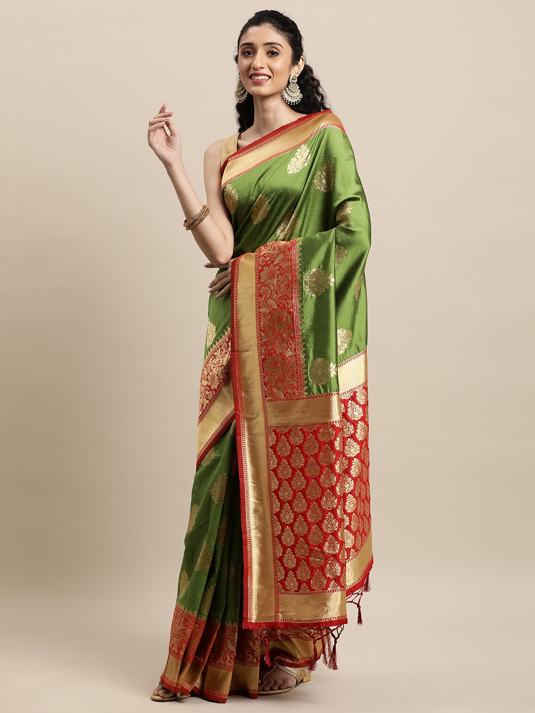 

Mitera Green & Red Woven Design Zari Silk Blend Banarasi Saree