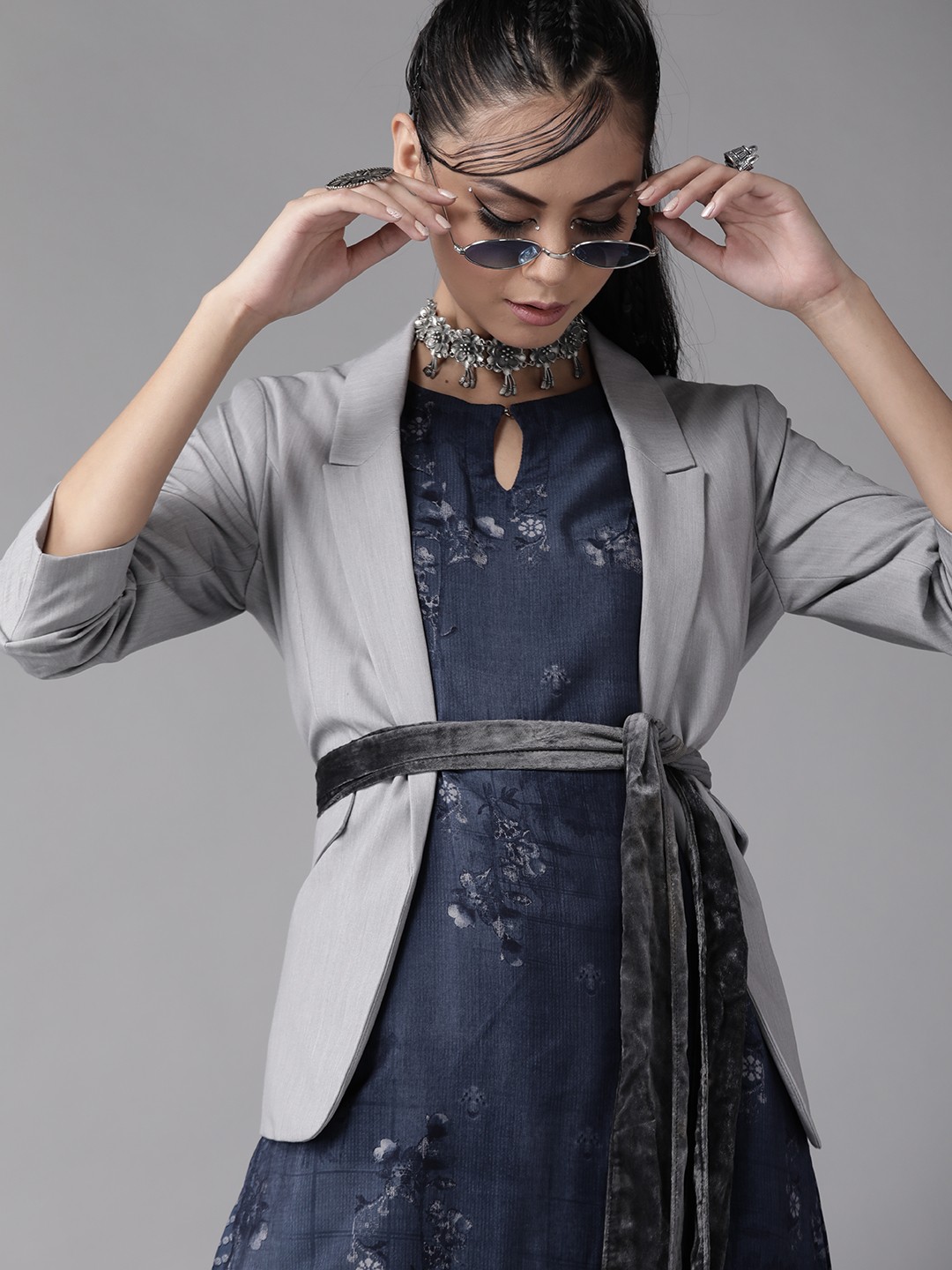 

Libas Women Navy Blue & Grey Printed Kurta with Palazzos