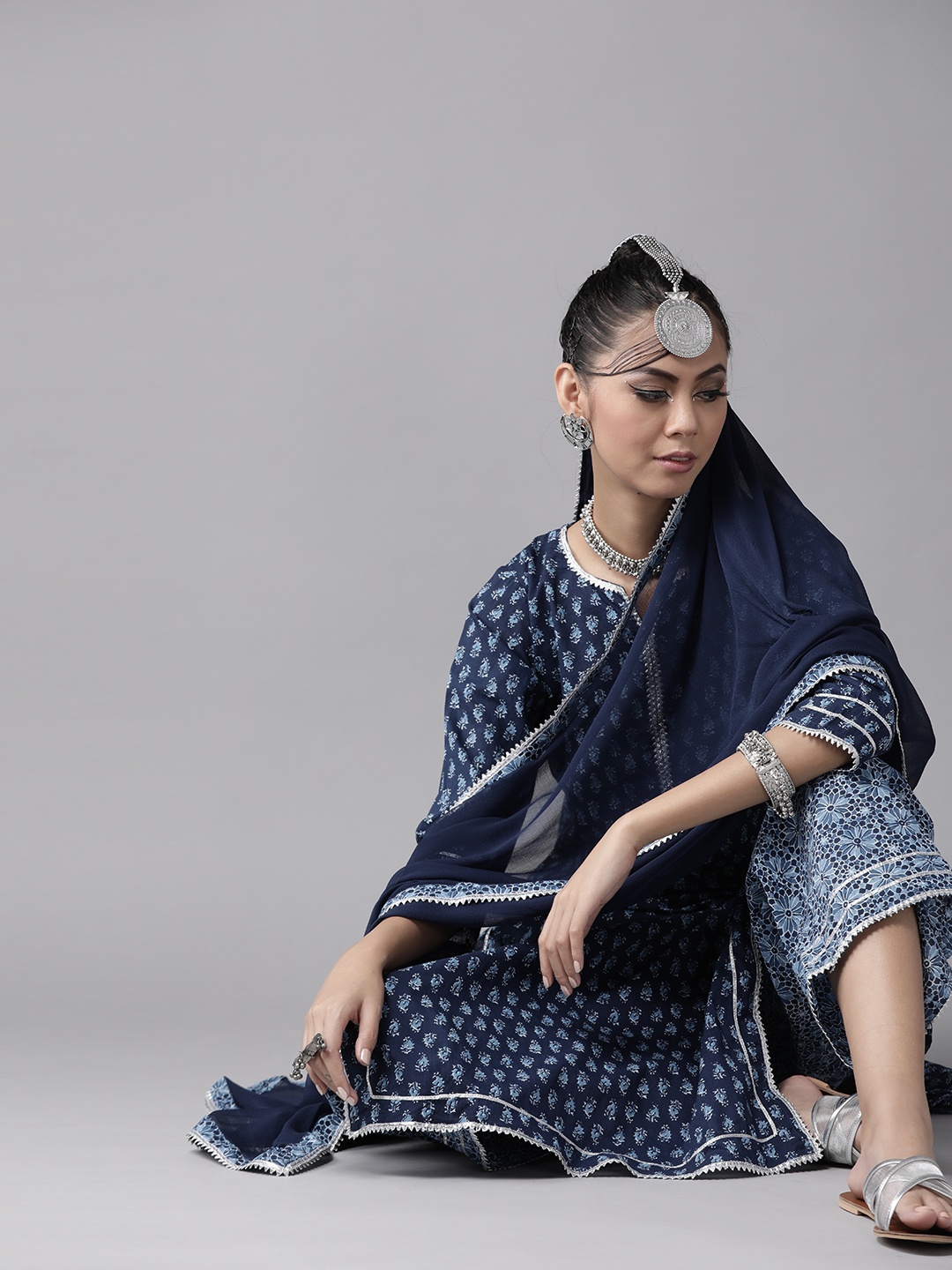 

Libas Women Navy Blue Printed Kurta with Palazzos & Dupatta