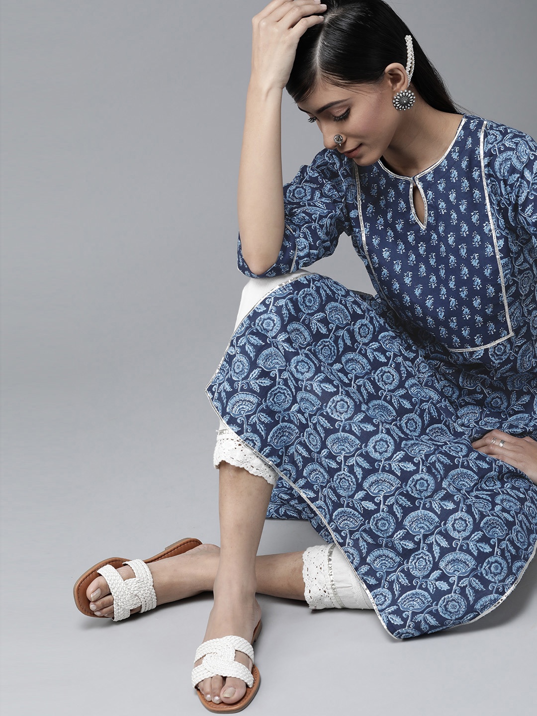 

Libas Women Blue Floral Printed Keyhole Neck Gotta Patti Kurta
