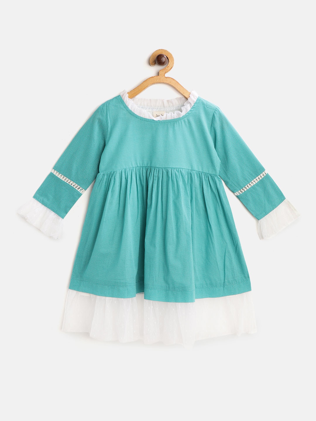 

luyk Girls Sea Green & White Polka Dot Print Pure Cotton Fit and Flare Dress