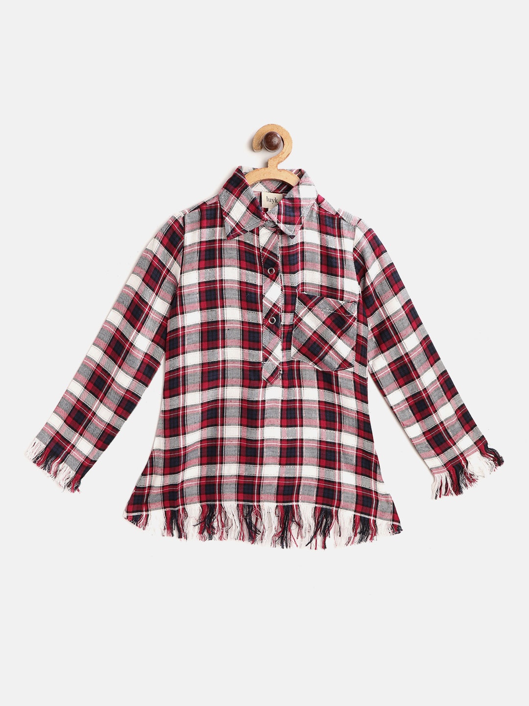 

luyk Red & White Checked Fringed Shirt Style Top