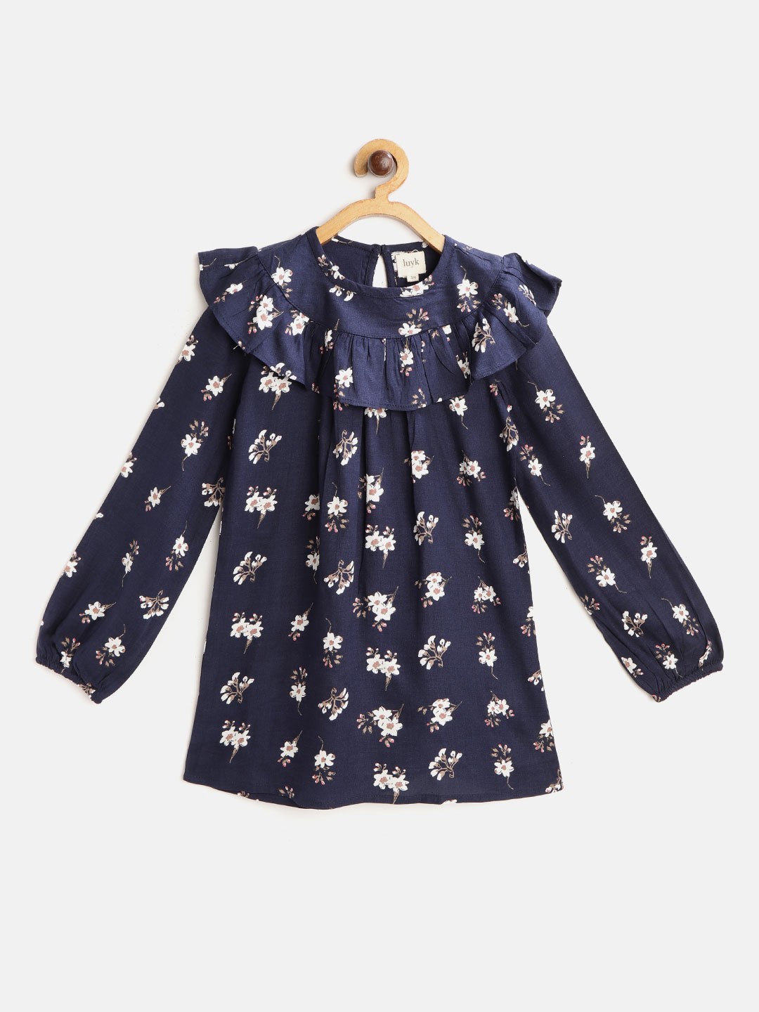 

luyk Girls Navy Blue & White Floral Print Ruffled A-Line Dress