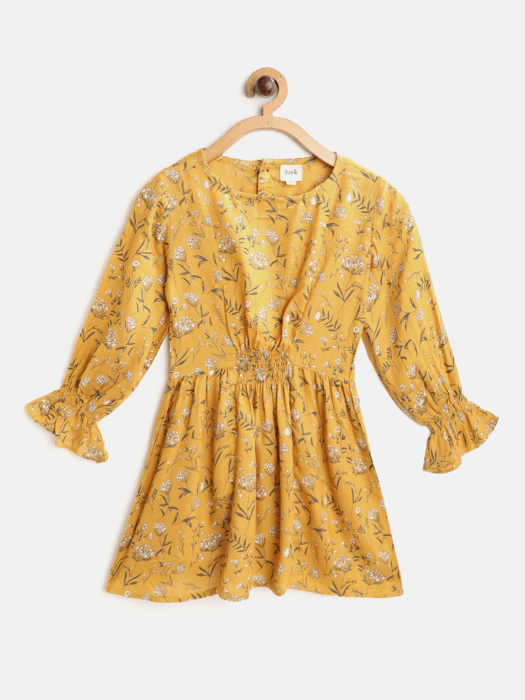 

luyk Girls Mustard Yellow & Grey Ethnic Motifs Print Smock Detail A-Line Dress