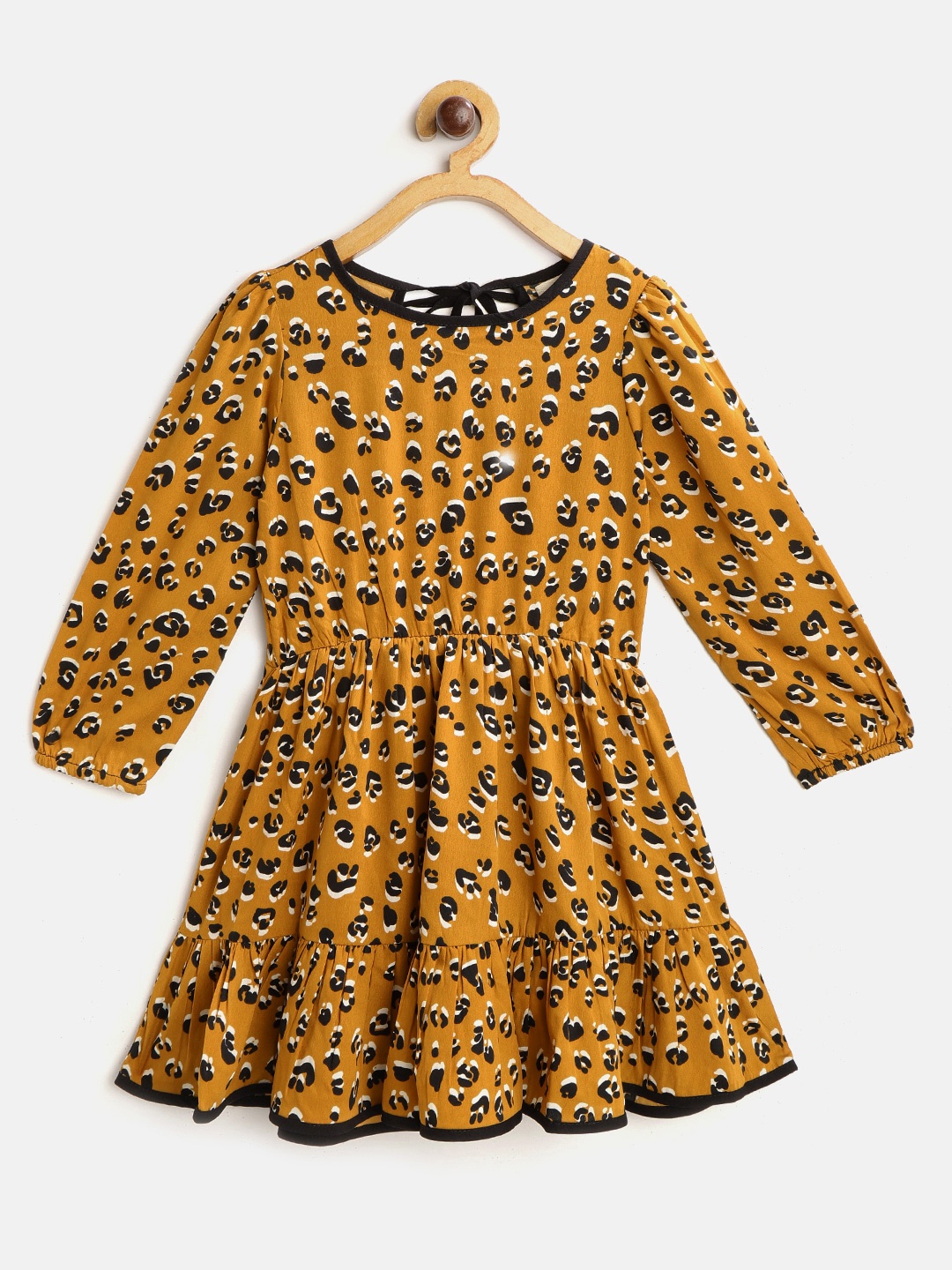 

luyk Girls Mustard Yellow & Black Animal Print Tiered A-Line Dress