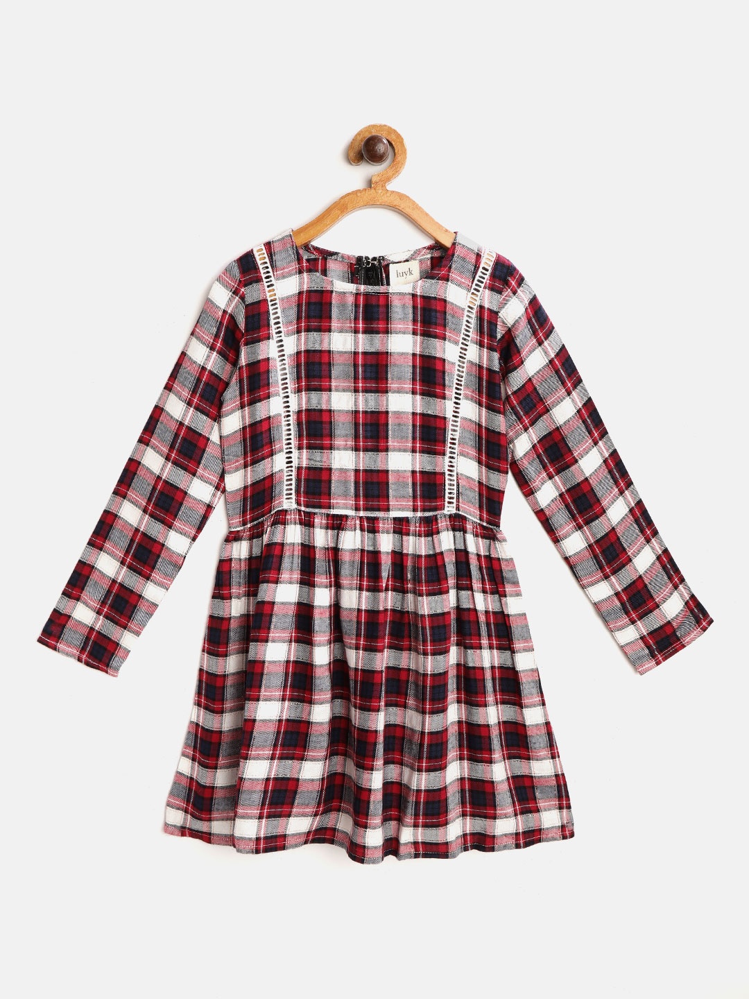 

luyk Girls Red & White Checked & Lace Inserts A-Line Dress with Tie-Up Detail