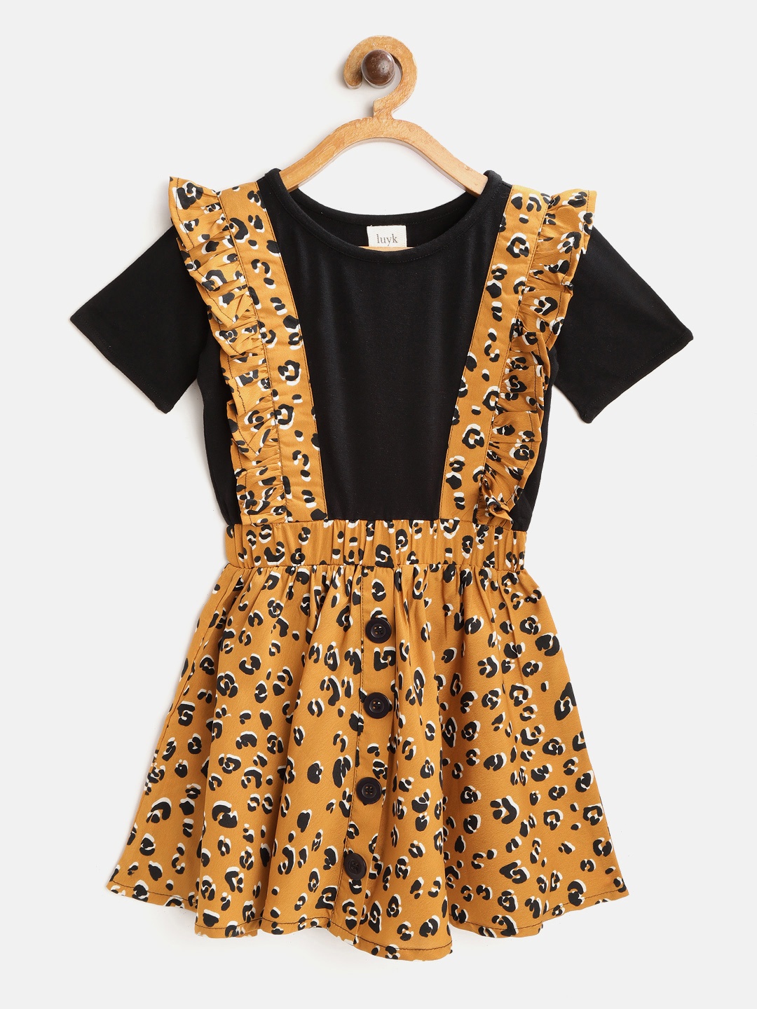 

luyk Girls Mustard Yellow & Black Animal Print Ruffled Pinafore Dress