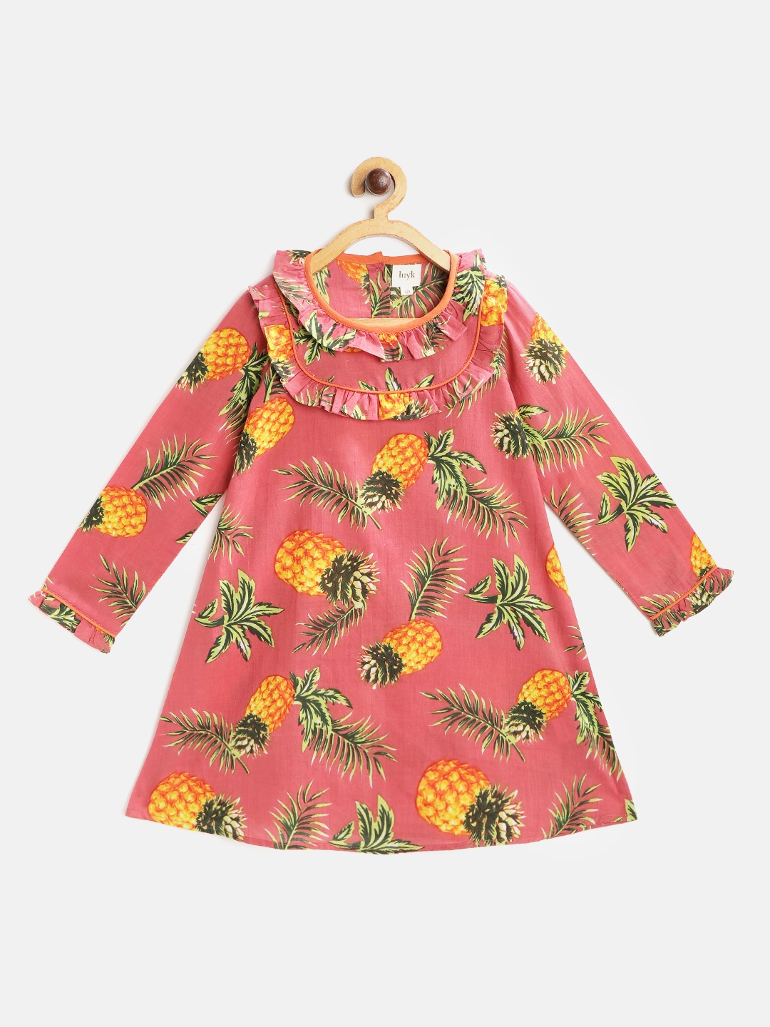 

luyk Girls Pink & Mustard Yellow Tropical Print Ruffled Cotton A-Line Dress