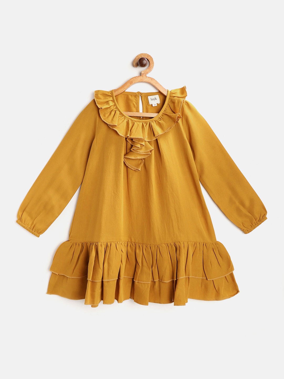 

luyk Girls Mustard Yellow Solid Ruffled A-Line Dress