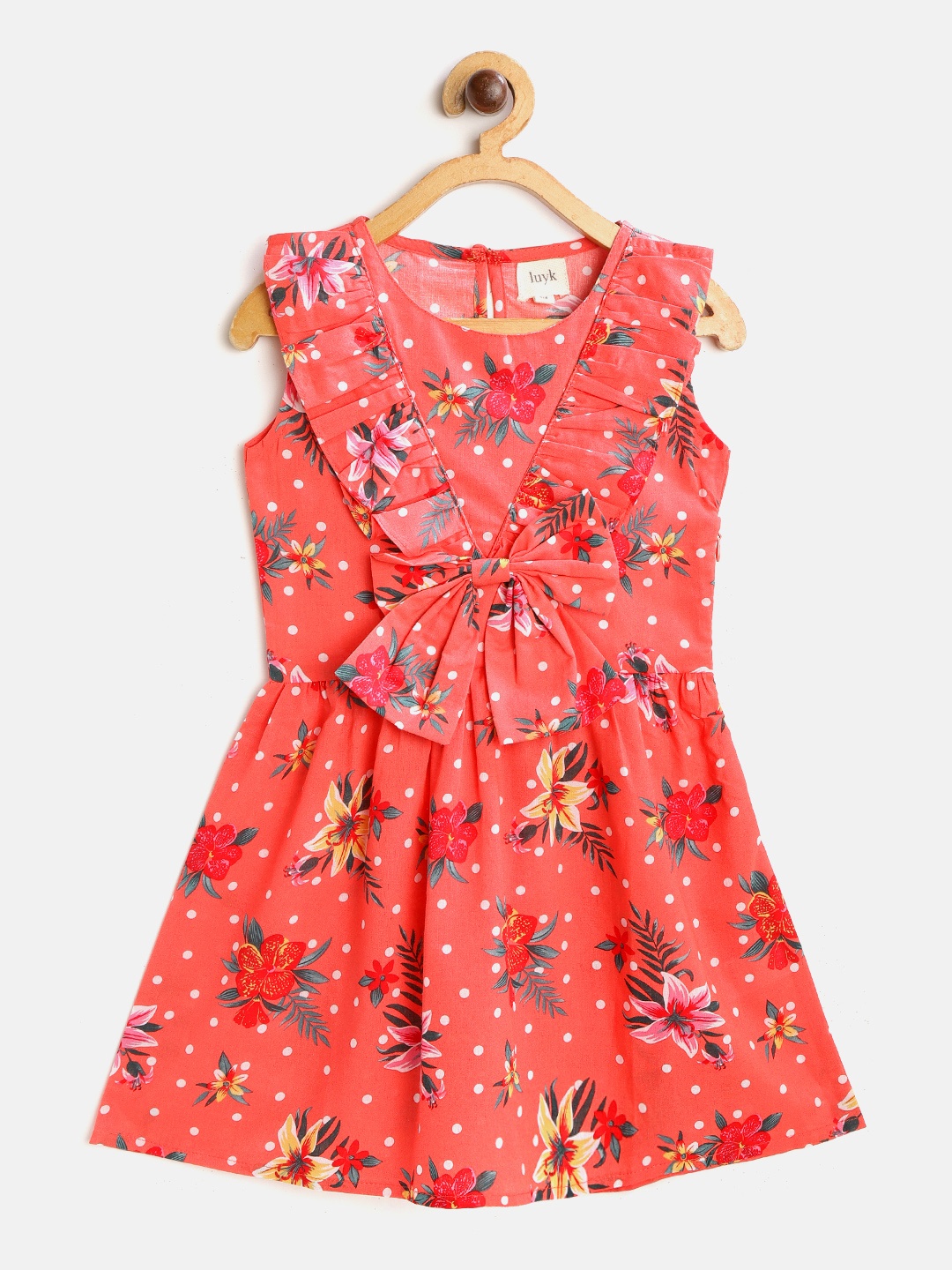 

luyk Girls Peach-Coloured & White Polka Dot & Ethnic Print A-Line Dress with Bow Detail