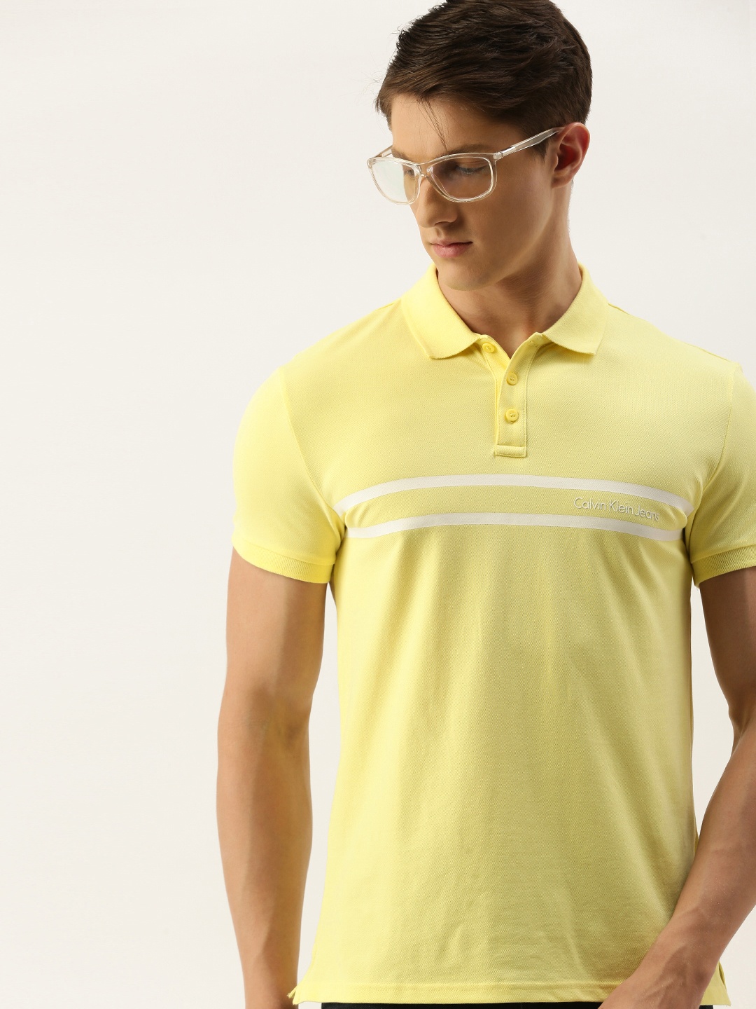 

Calvin Klein Jeans Men Yellow & White Slim Fit Striped Polo Collar T-shirt