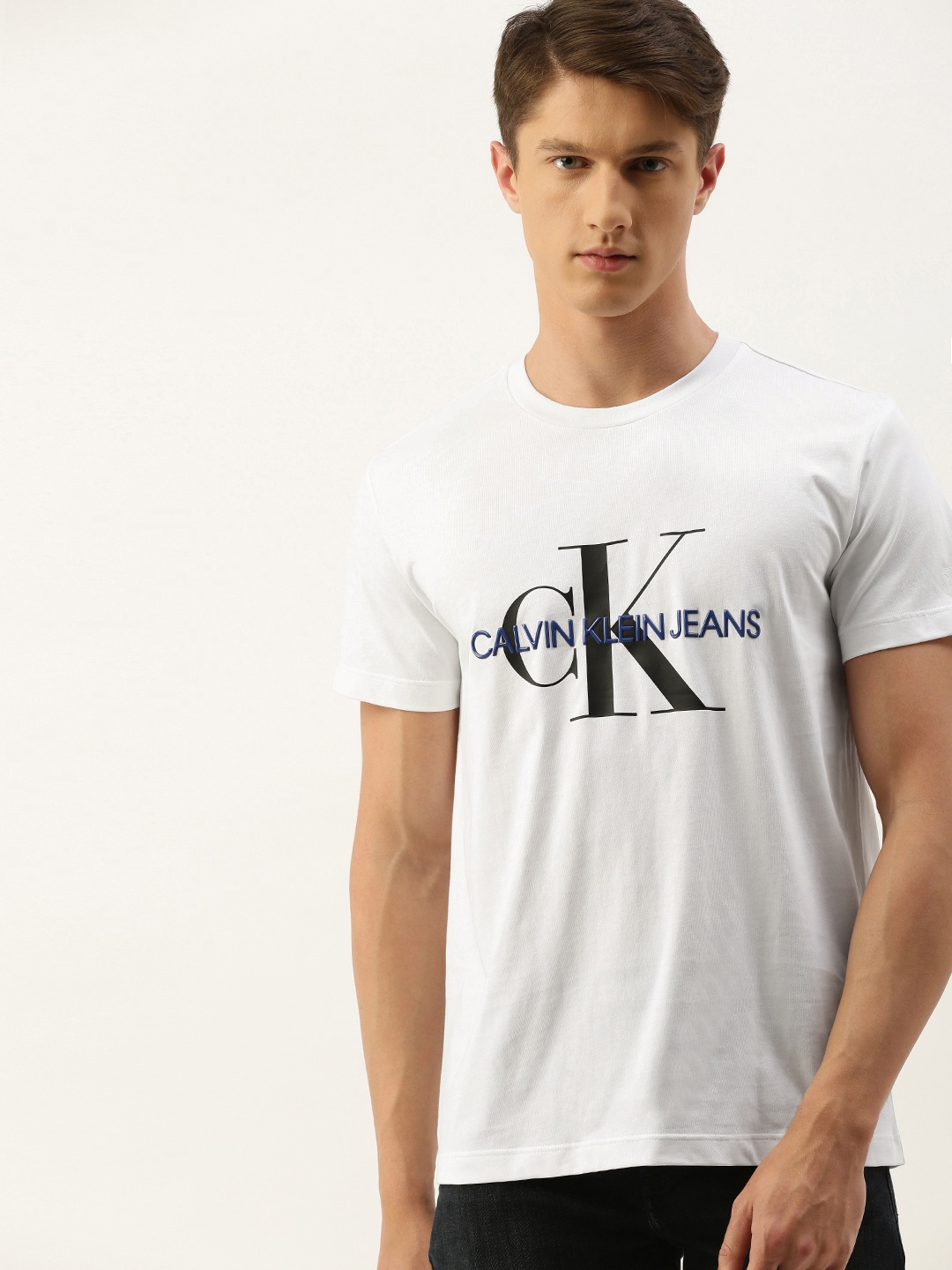 

Calvin Klein Jeans Men White Printed Round Neck Pure Cotton T-shirt
