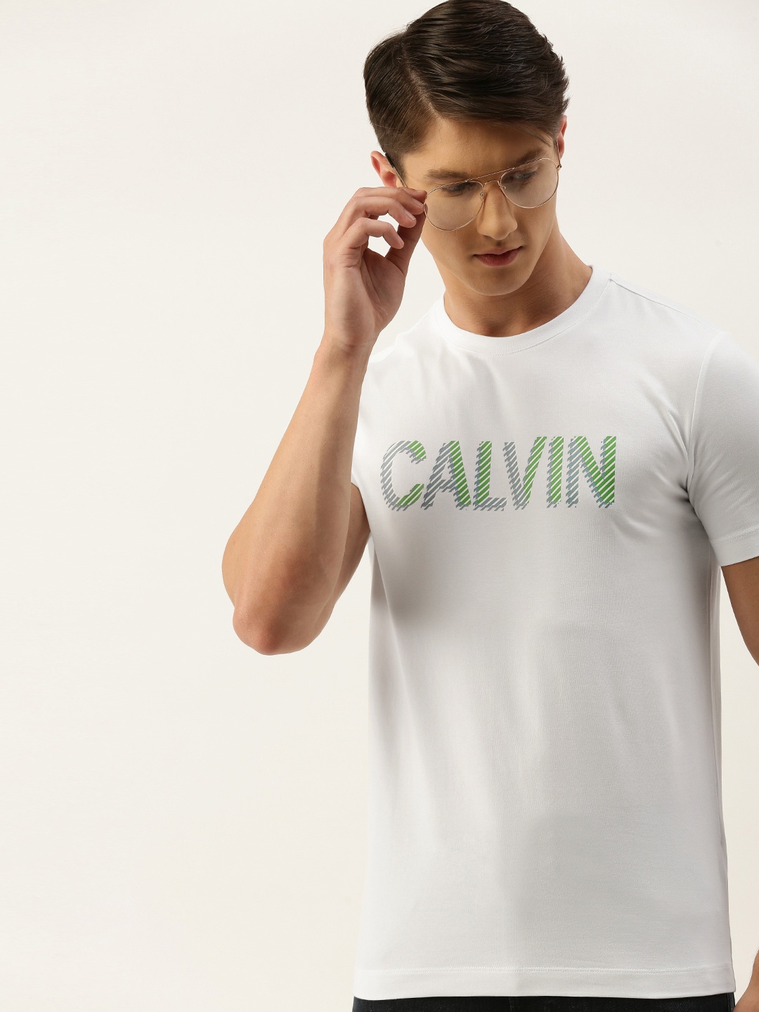 

Calvin Klein Jeans Men White Slim Fit Printed Round Neck T-shirt