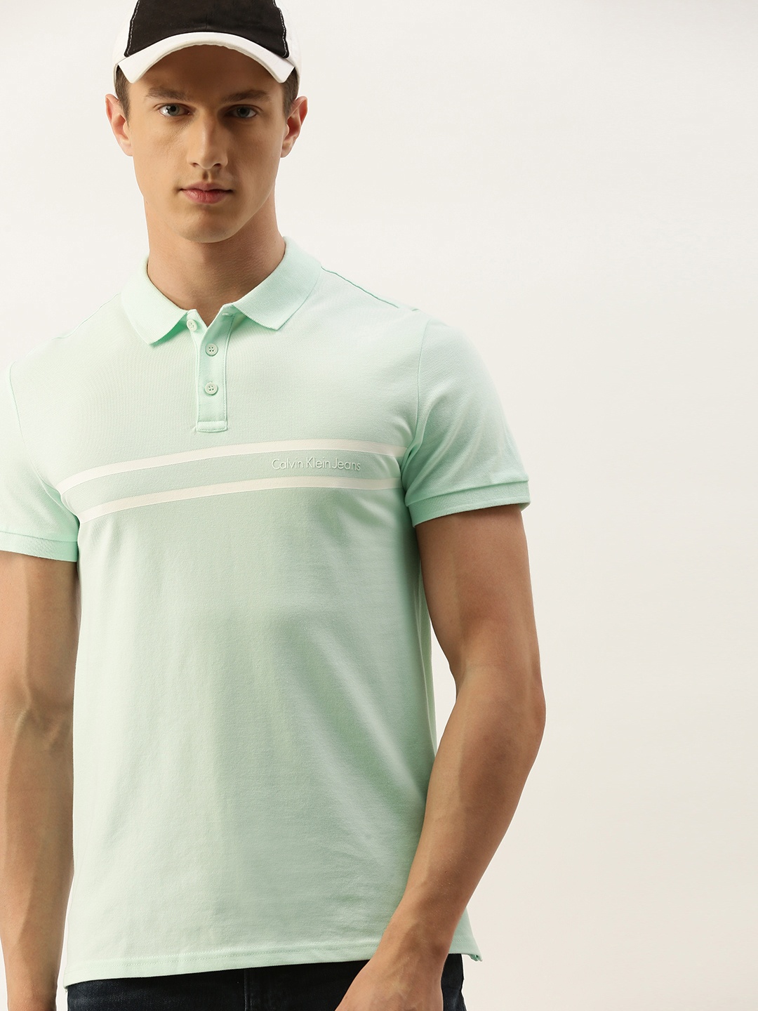 

Calvin Klein Jeans Men Sea Green Striped Polo Collar T-shirt