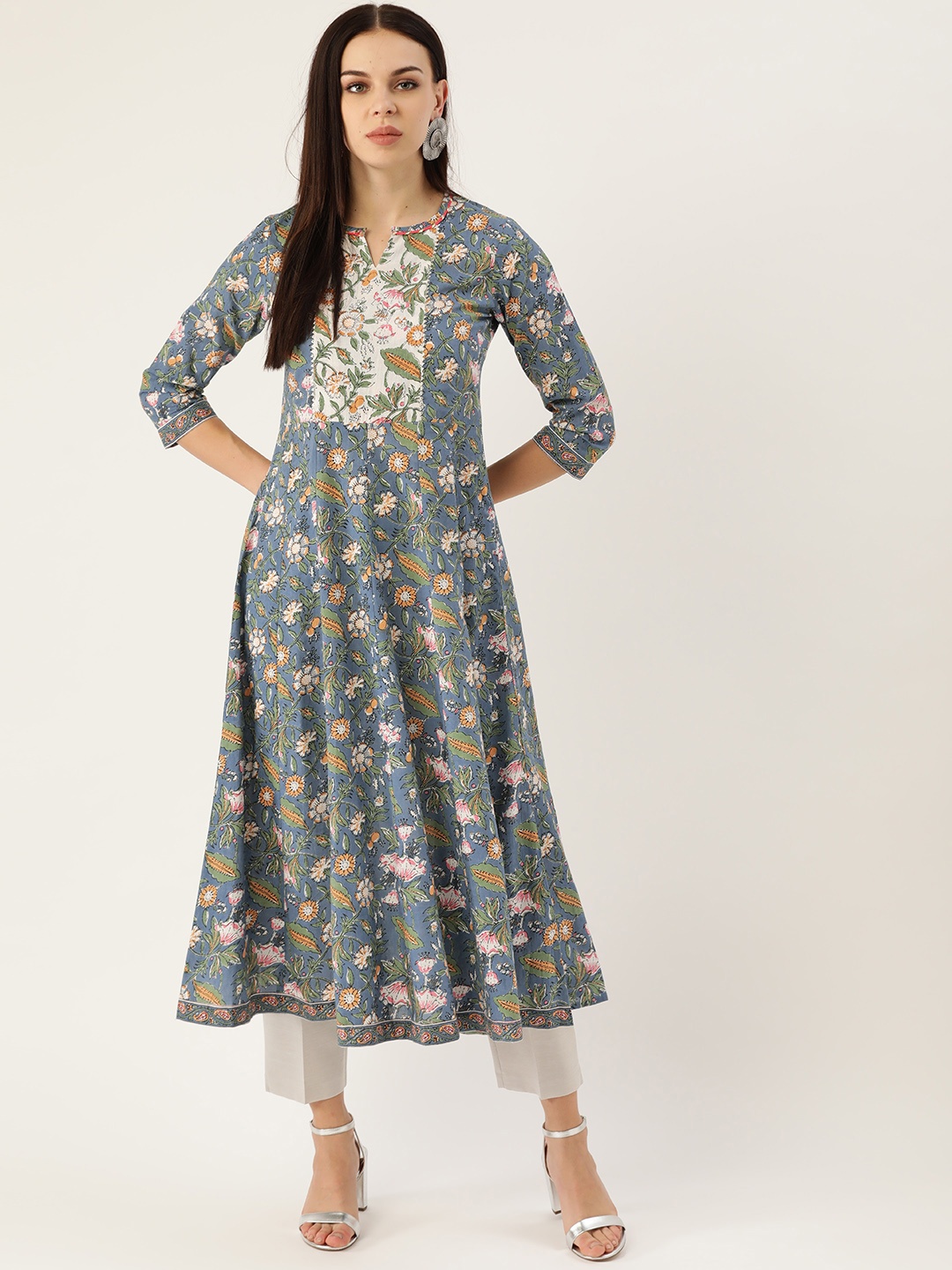 

Maaesa Women Blue & Yellow Ethnic Motifs Hand Printed Panelled Anarkali Cotton Kurta