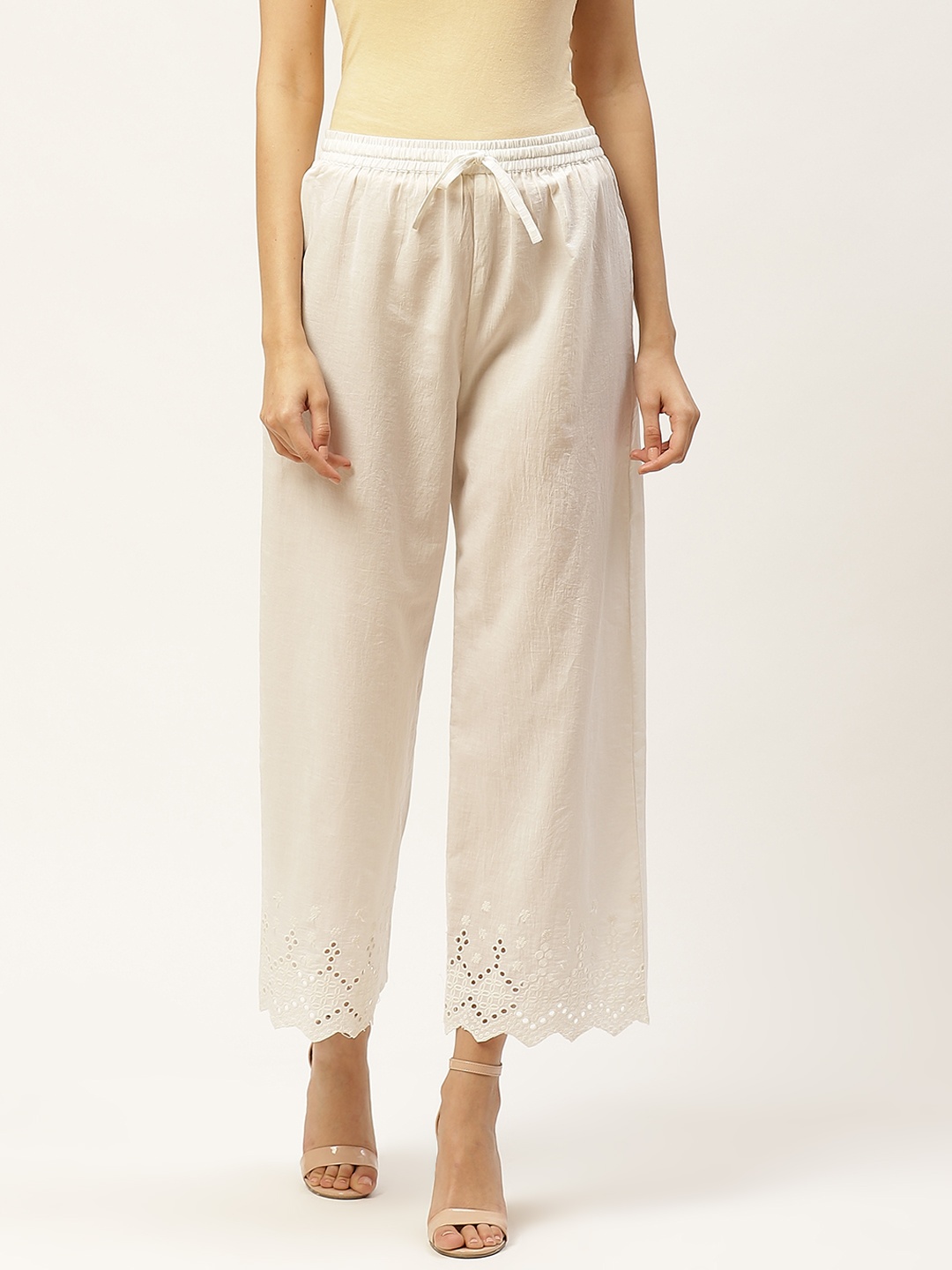 Maaesa Women White Solid Schiffli Handwork Hem Design Straight Cotton Palazzos