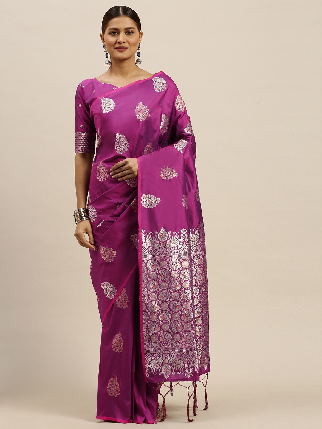 

Saree mall Pink & Silver-Toned Silk Blend Woven Design Banarasi Saree