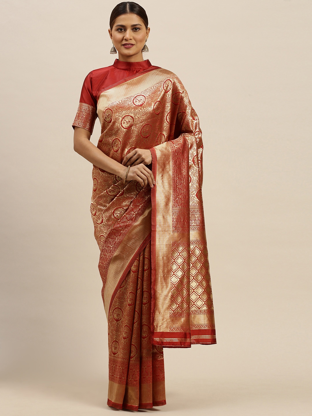 

Saree mall Maroon & Gold-Toned Silk Blend Woven Design Banarasi Saree