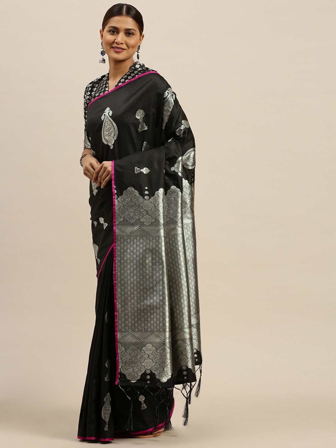 

Saree mall Black & Silver-Toned Silk Blend Woven Design Banarasi Saree