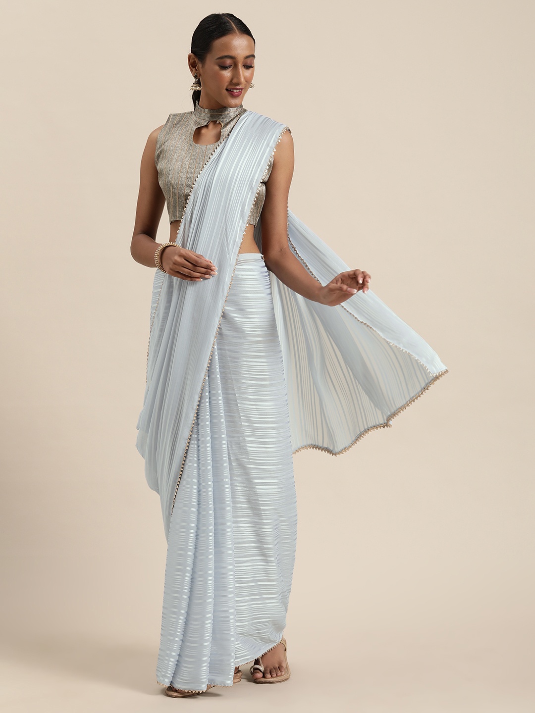 

Saree mall Blue Striped Pure Georgette Saree