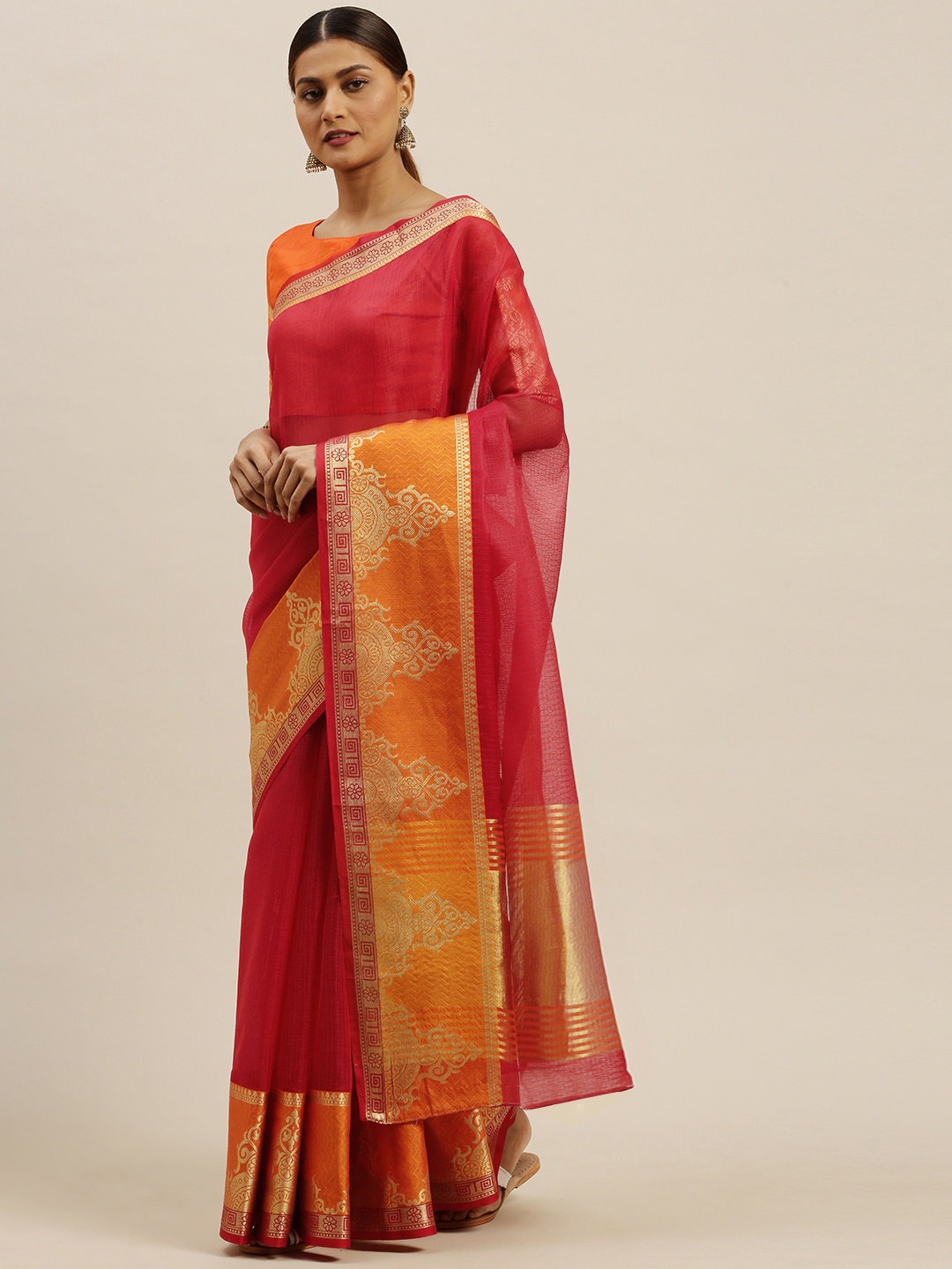 

Saree mall Red & Orange Silk Blend Solid Banarasi Saree