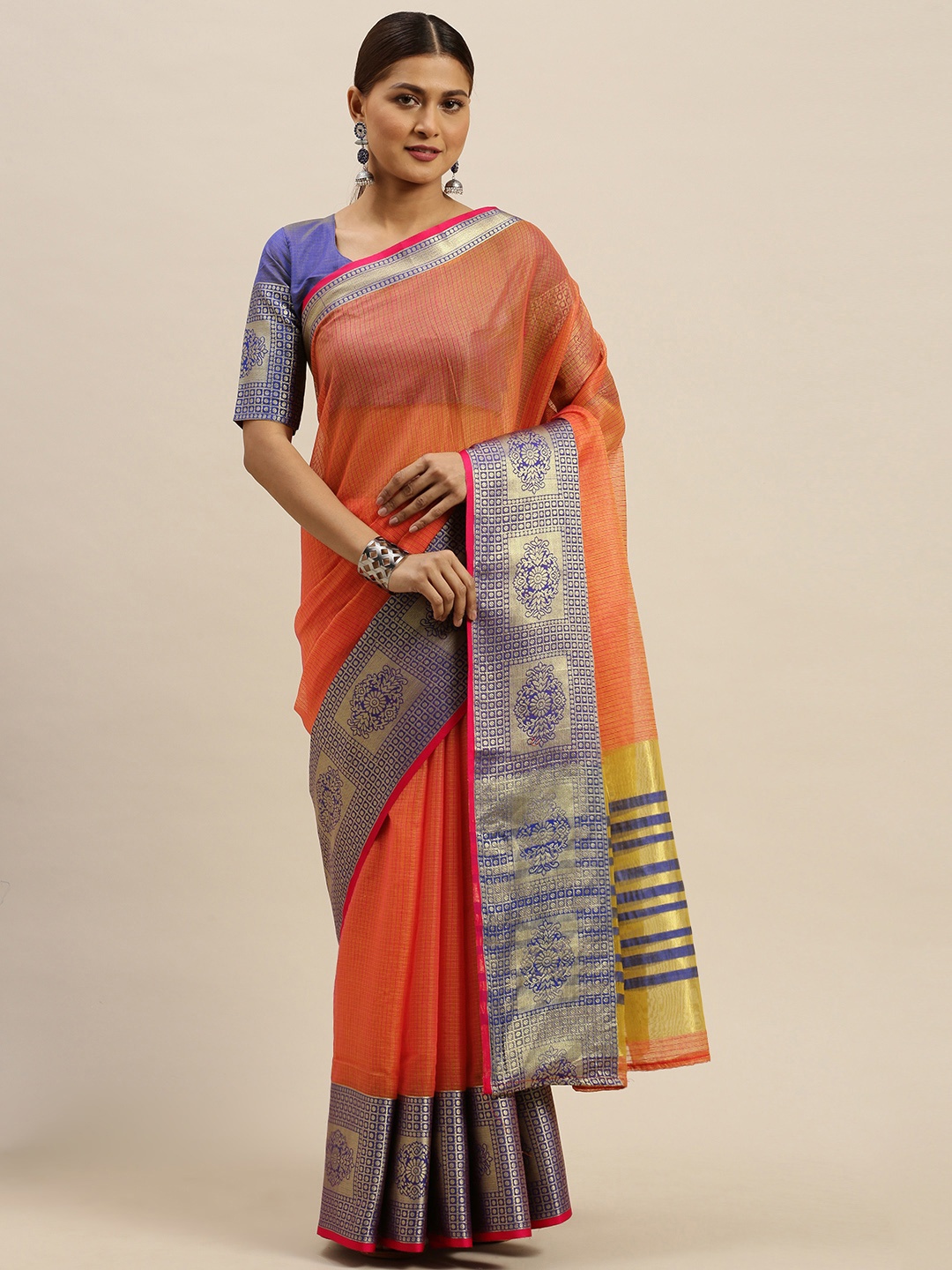 

Saree mall Orange & Navy Blue Silk Blend Striped Banarasi Saree