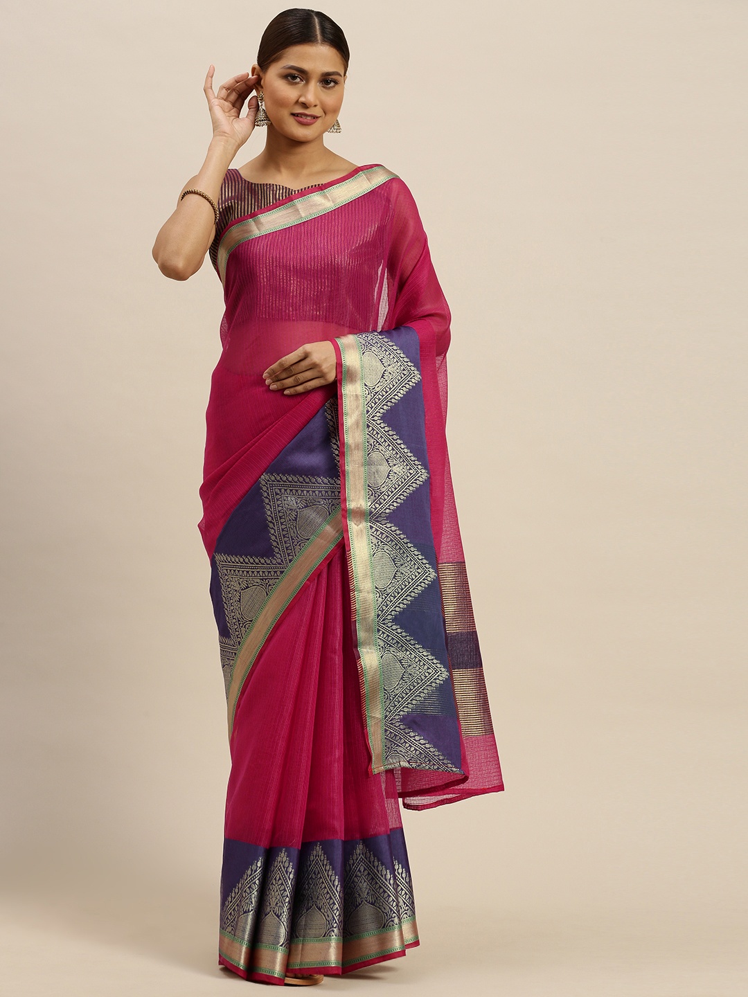 

Saree mall Pink & Navy Blue Silk Blend Solid Banarasi Saree