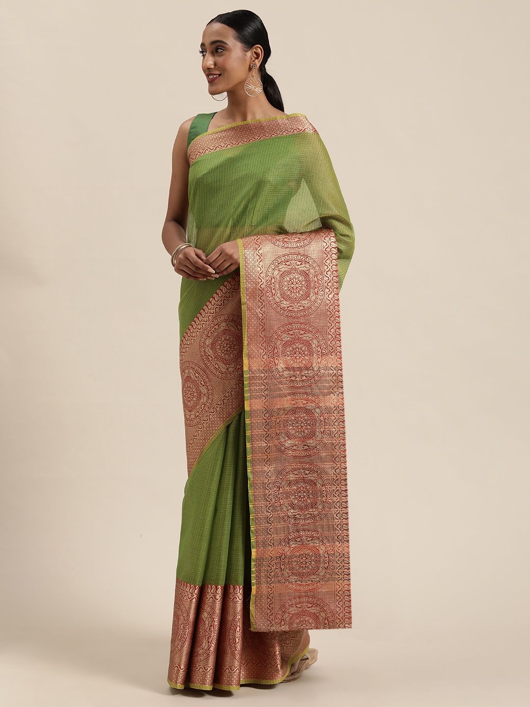 

Saree mall Green & Red Silk Blend Solid Saree