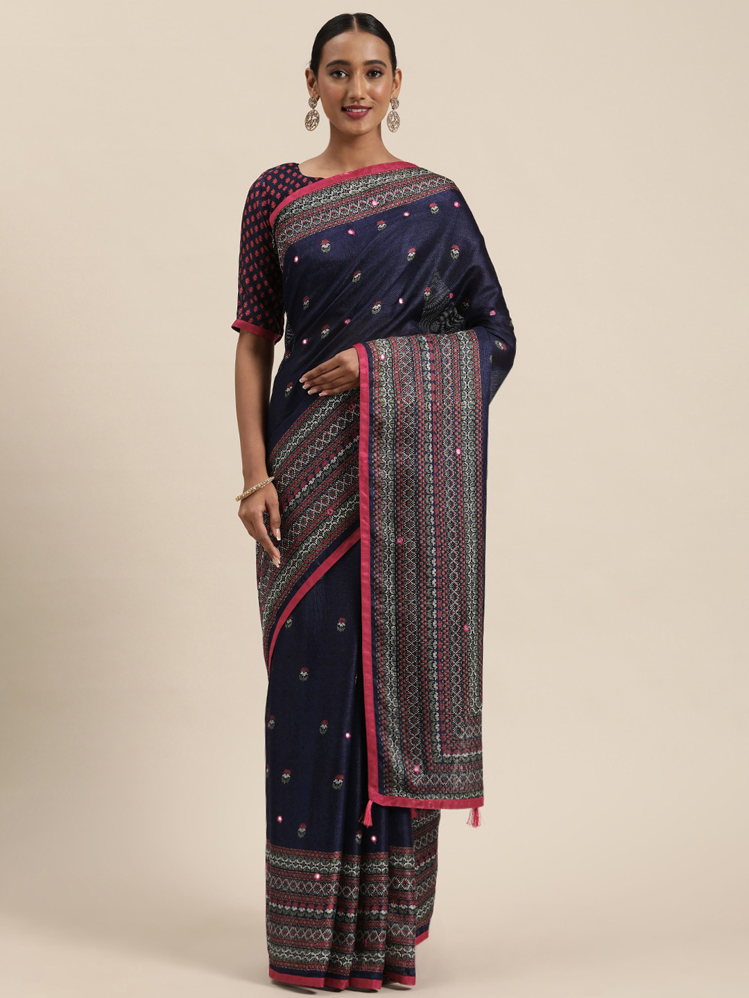 

Saree mall Navy Blue & Pink Jute Silk Block Print Saree