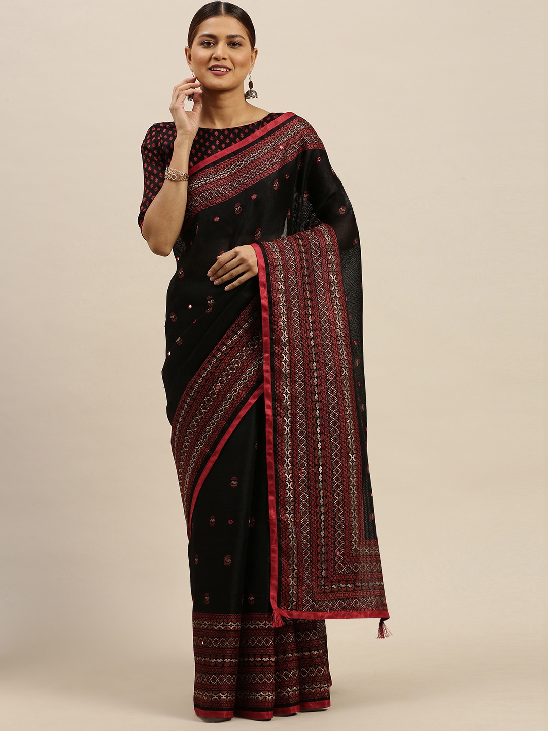 

Saree mall Black & Maroon Jute Silk Printed Saree