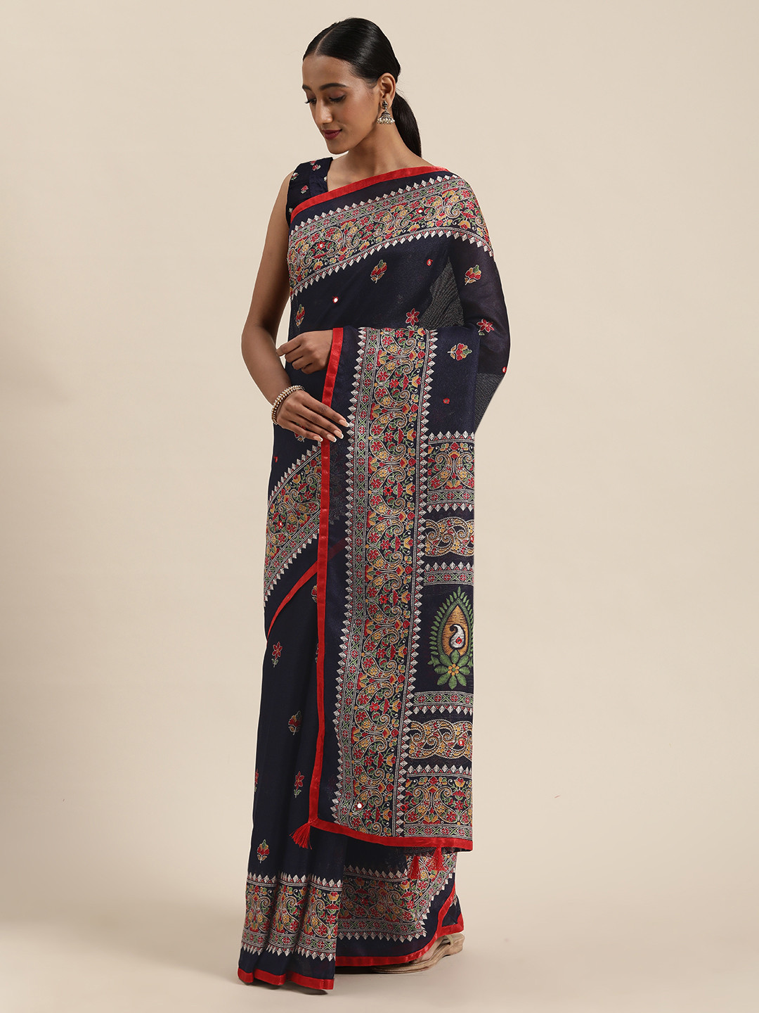 

Saree mall Navy Blue Printed Jute Silk Saree