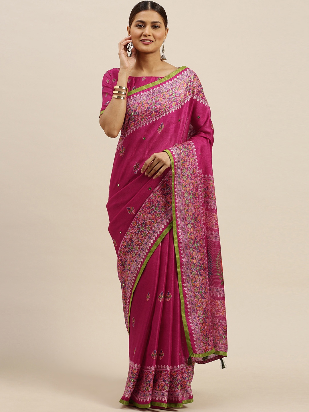 

Saree mall Pink & Blue Jute Silk Printed Block Print Saree