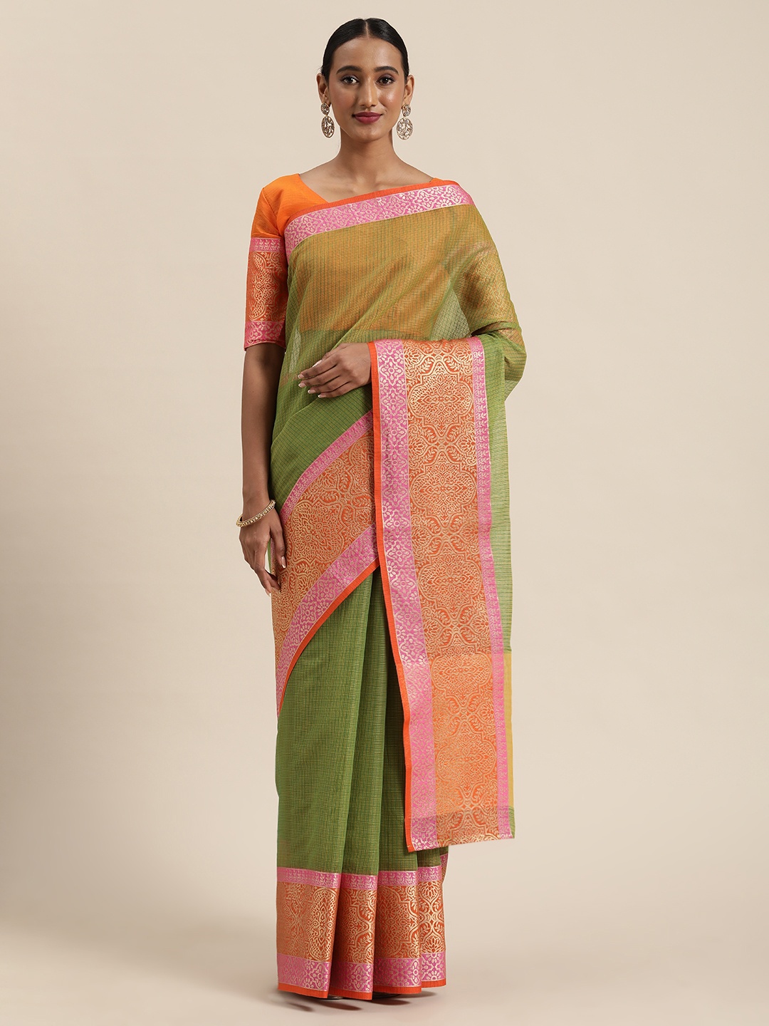 

Saree mall Green & Pink Silk Blend Solid Saree