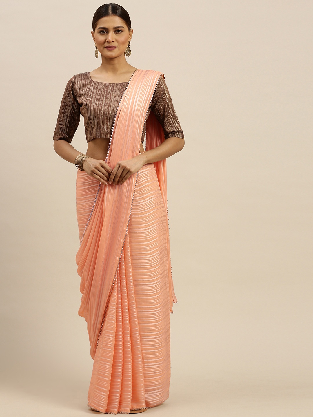 

Saree mall Peach-Coloured Pure Georgette Striped Mysore Silk Saree