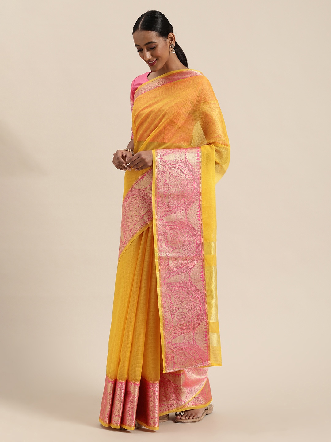 

Saree mall Mustard Yellow Silk Blend Solid Banarasi Saree