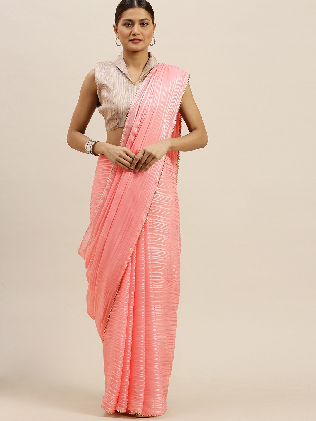 

Saree mall Pink Pure Georgette Striped Mysore Silk Saree