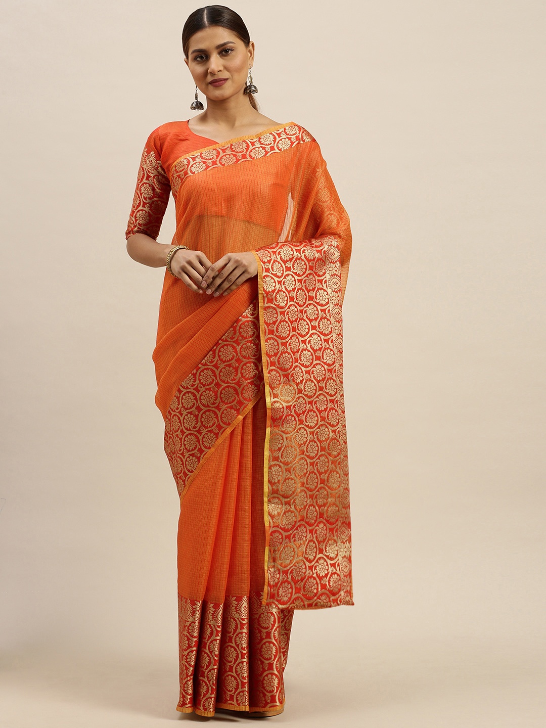 

Saree mall Orange & Golden Silk Blend Solid Saree