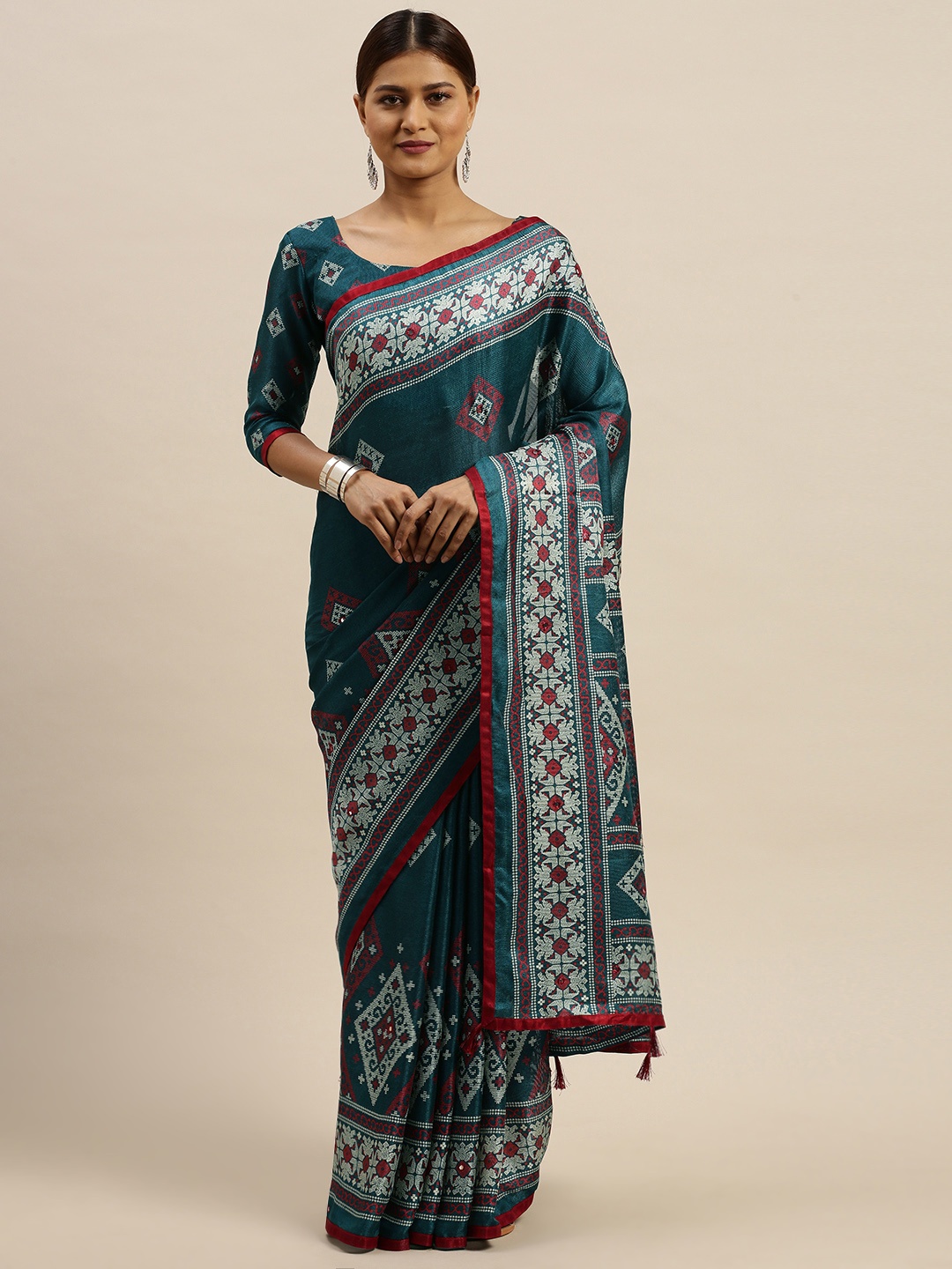 

Saree mall Teal Blue & Red Jute Silk Printed Block Print Saree with Mirror Work