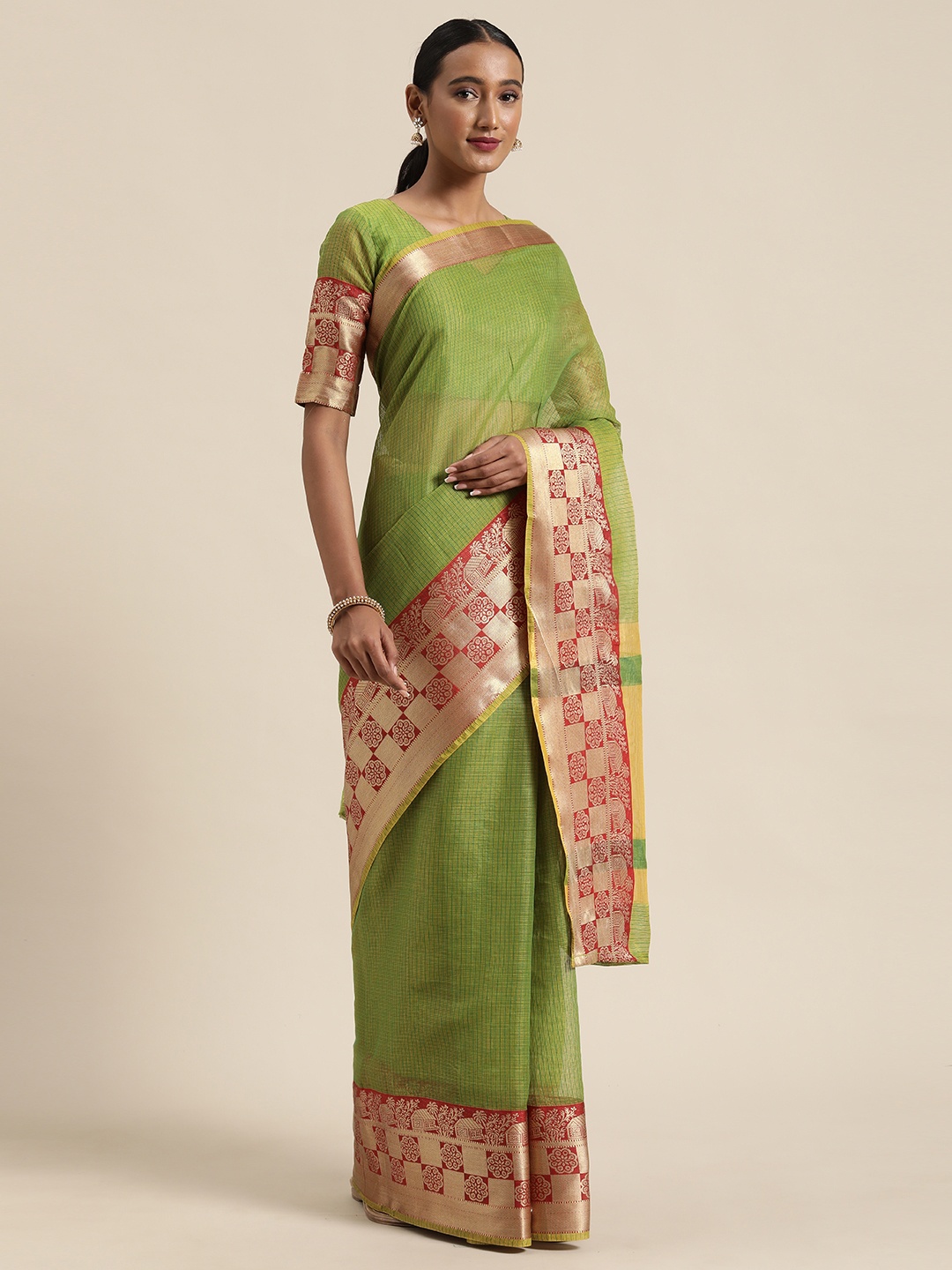 

Saree mall Lime Green Silk Blend Solid Banarasi Saree