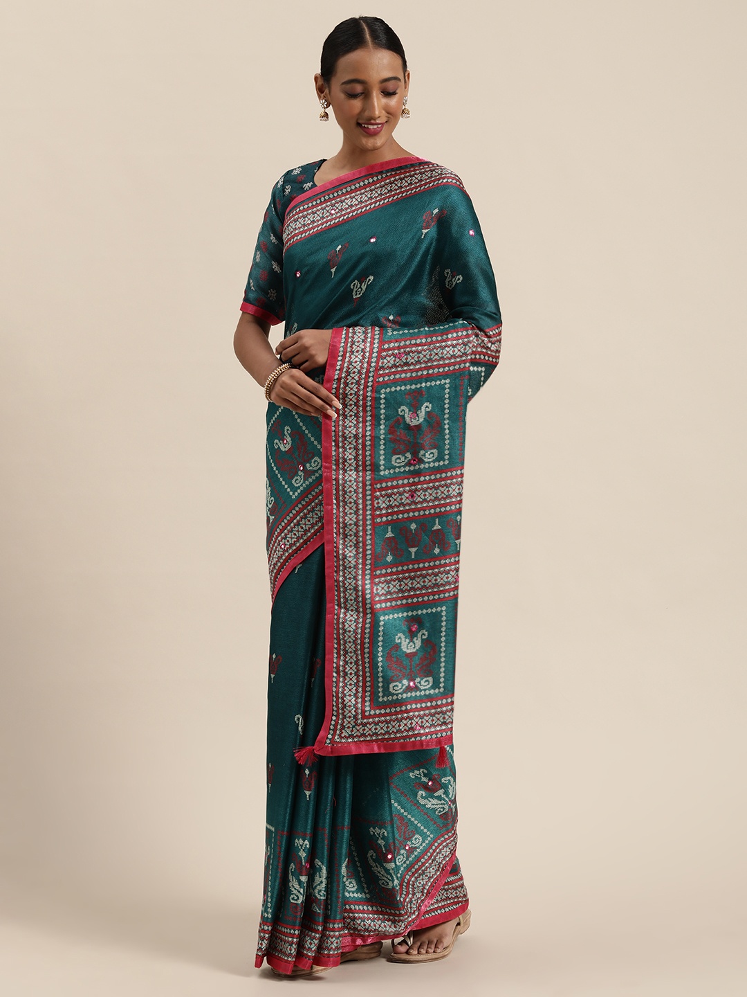 

Saree mall Teal Blue & Red Jute Silk Printed Block Print Saree