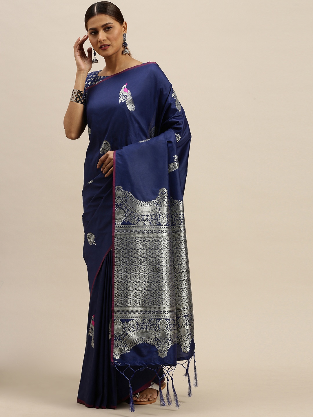 

Saree mall Navy Blue & Silver-Toned Silk Blend Woven Design Banarasi Saree