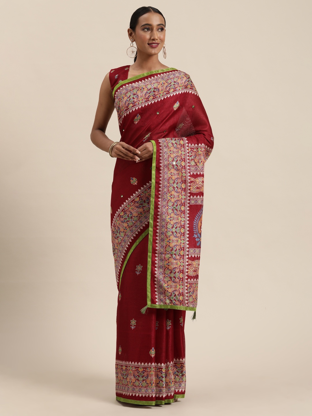 

Saree mall Maroon & Multicoloured Jute Silk Printed Block Print Saree