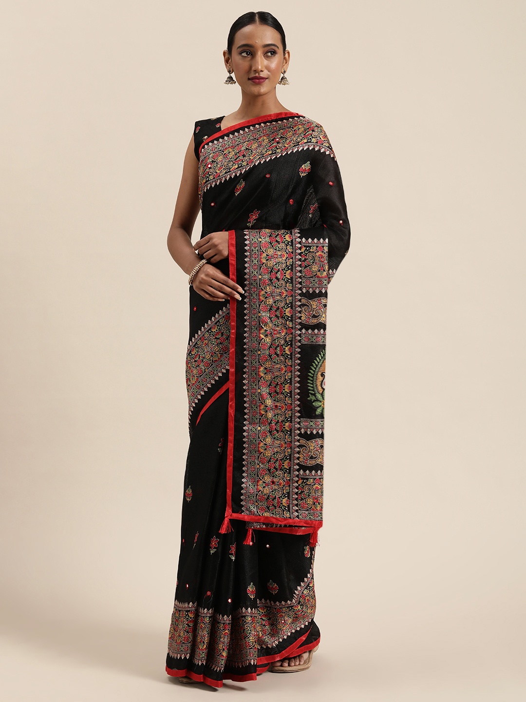 

Saree mall Black & Red Jute Silk Printed Block Print Saree