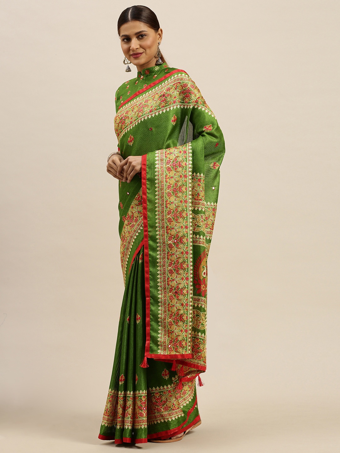 

Saree mall Green & Beige Jute Silk Printed Saree