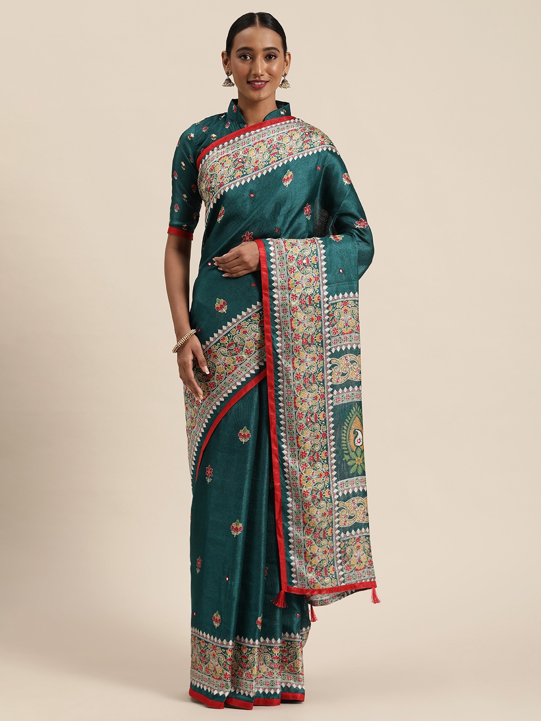 

Saree mall Teal Green & Red Jute Silk Printed Block Print Saree