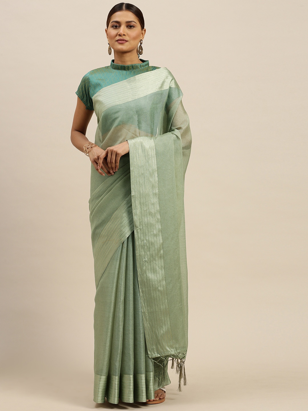 

Saree mall Olive Green Net Solid Mysore Silk Saree